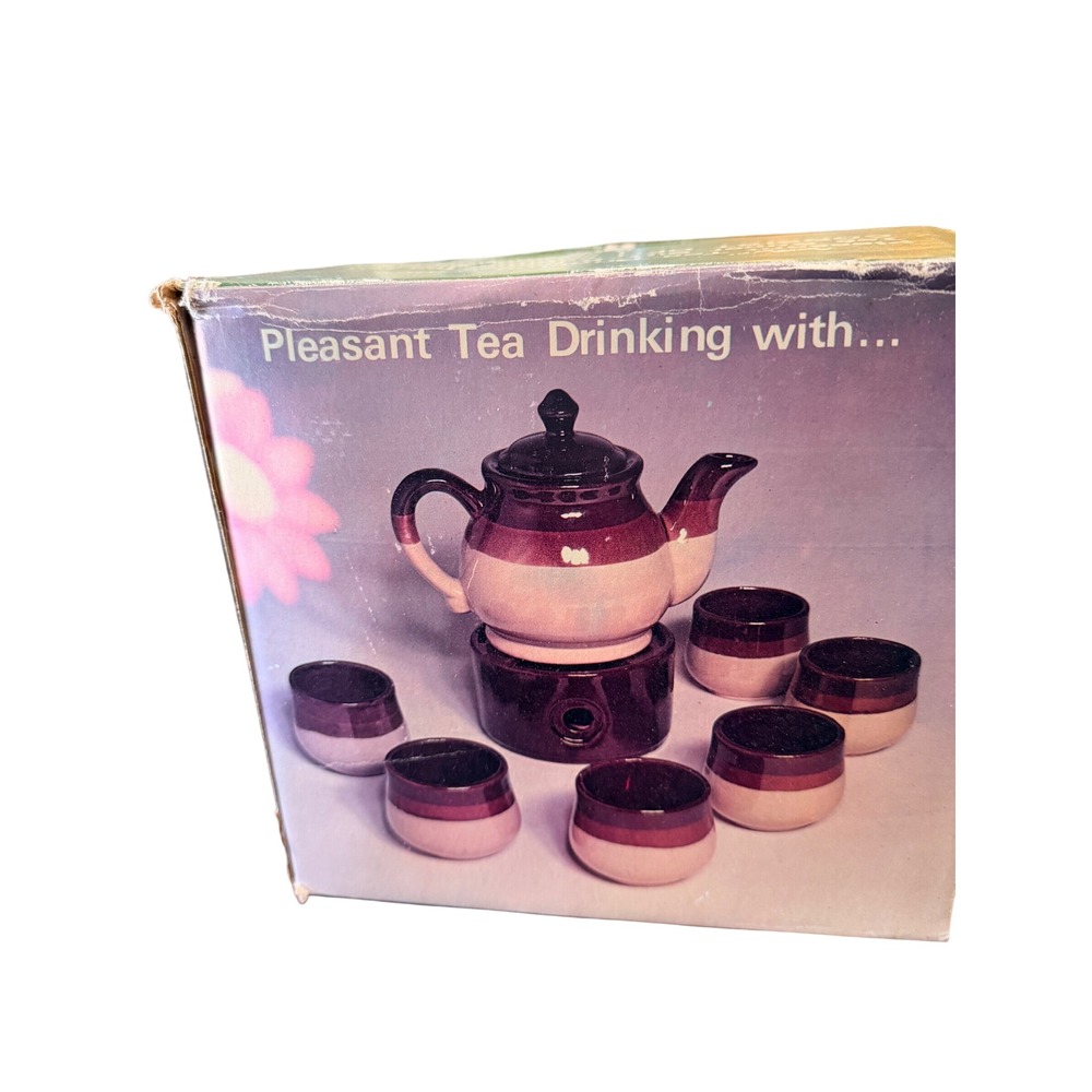 Two Toned Brown Cream Stonewear Tea Set 8pc Vtg. Warmer Base Cottagecore